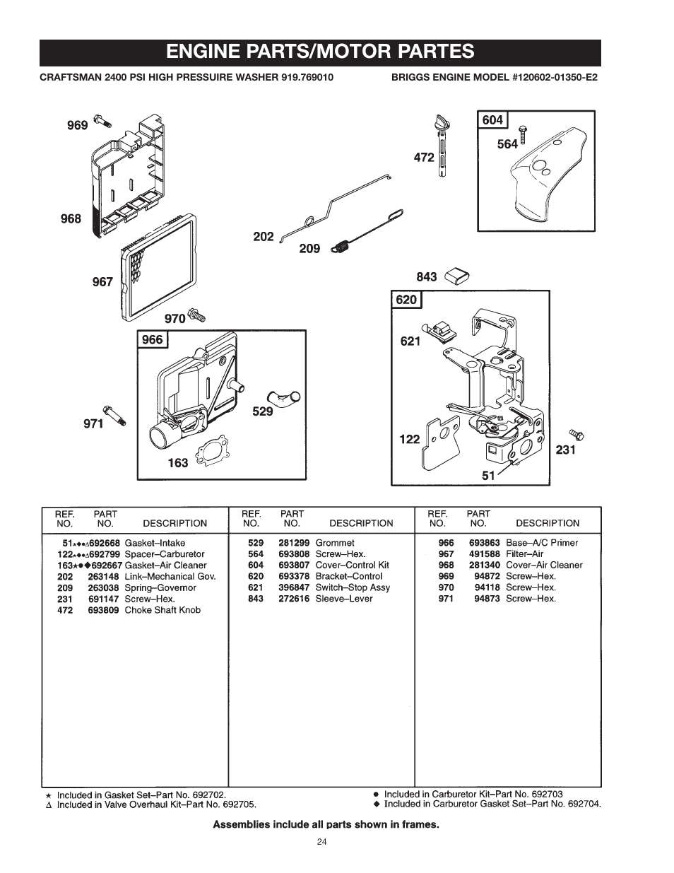Engine parts/motor partes | Craftsman MGP-769010 User Manual | Page 24 / 52