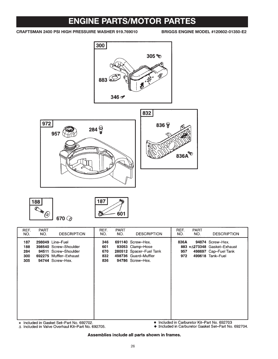 Engine parts/motor partes | Craftsman MGP-769010 User Manual | Page 26 / 52