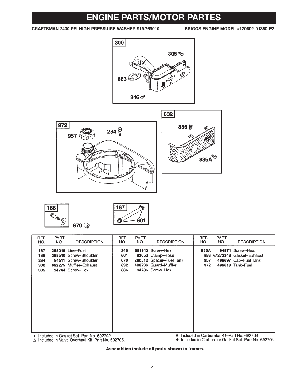 Engine parts/motor partes | Craftsman MGP-769010 User Manual | Page 27 / 52