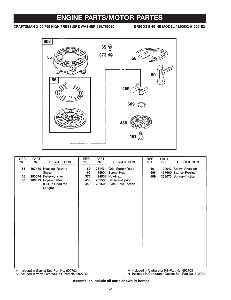 Engine parts/motor partes | Craftsman MGP-769010 User Manual | Page 28 / 52