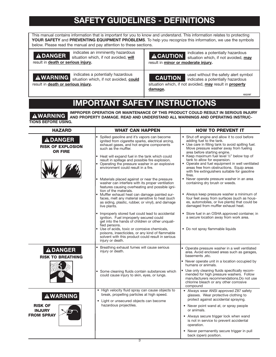 Safety guidelines - definitions, Important safety instructions | Craftsman MGP-769010 User Manual | Page 3 / 52