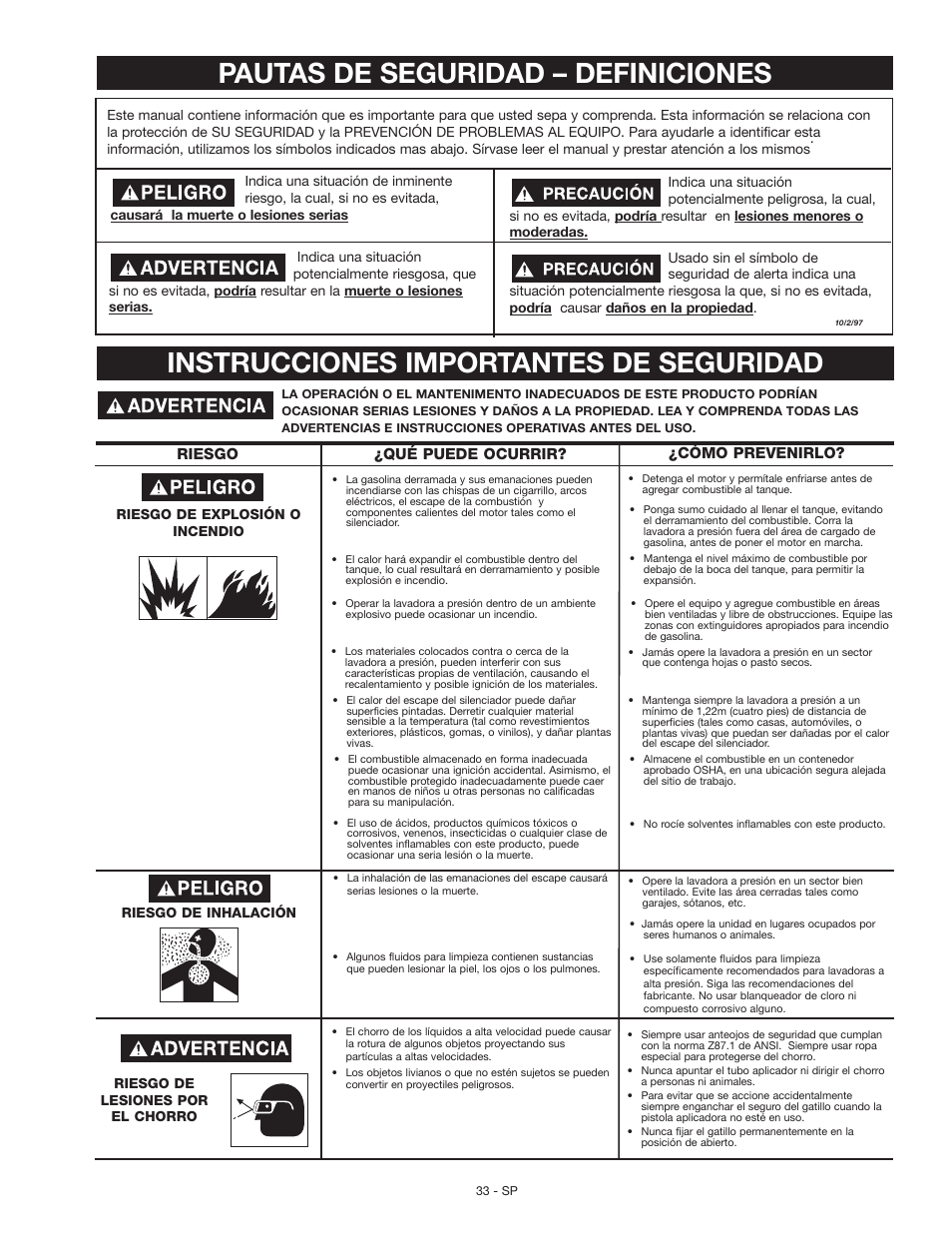 Pautas de seguridad – definiciones, Instrucciones importantes de seguridad | Craftsman MGP-769010 User Manual | Page 33 / 52