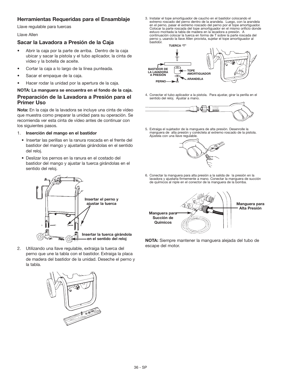 Herramientas requeridas para el ensamblaje, Sacar la lavadora a presión de la caja | Craftsman MGP-769010 User Manual | Page 36 / 52