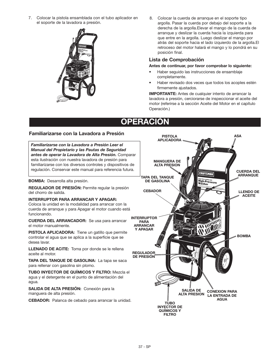 Operación, Lista de comprobación, Familiarizarse con la lavadora a presión | Craftsman MGP-769010 User Manual | Page 37 / 52