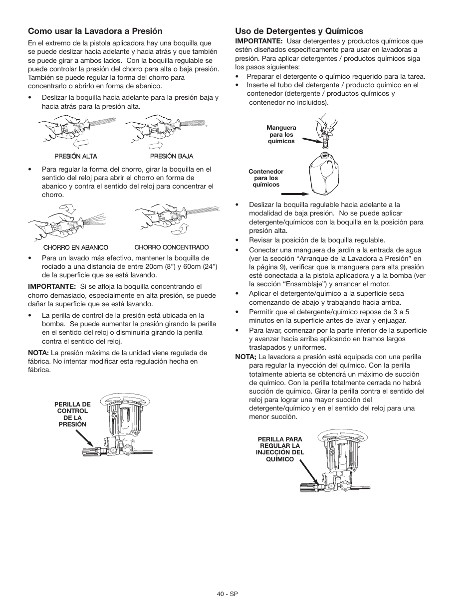 Como usar la lavadora a presión, Uso de detergentes y químicos | Craftsman MGP-769010 User Manual | Page 40 / 52