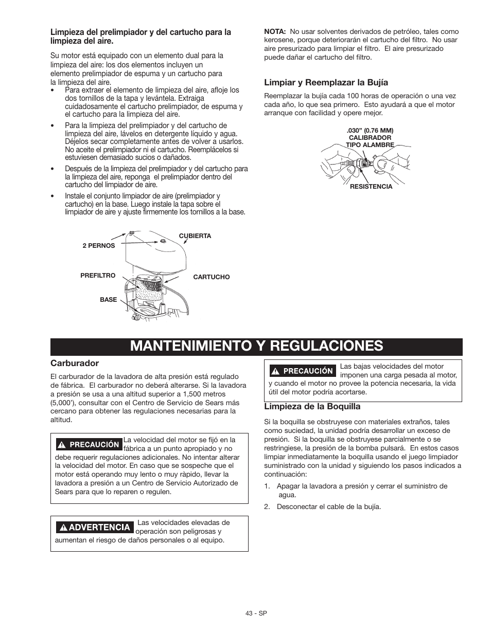 Mantenimiento y regulaciones | Craftsman MGP-769010 User Manual | Page 43 / 52