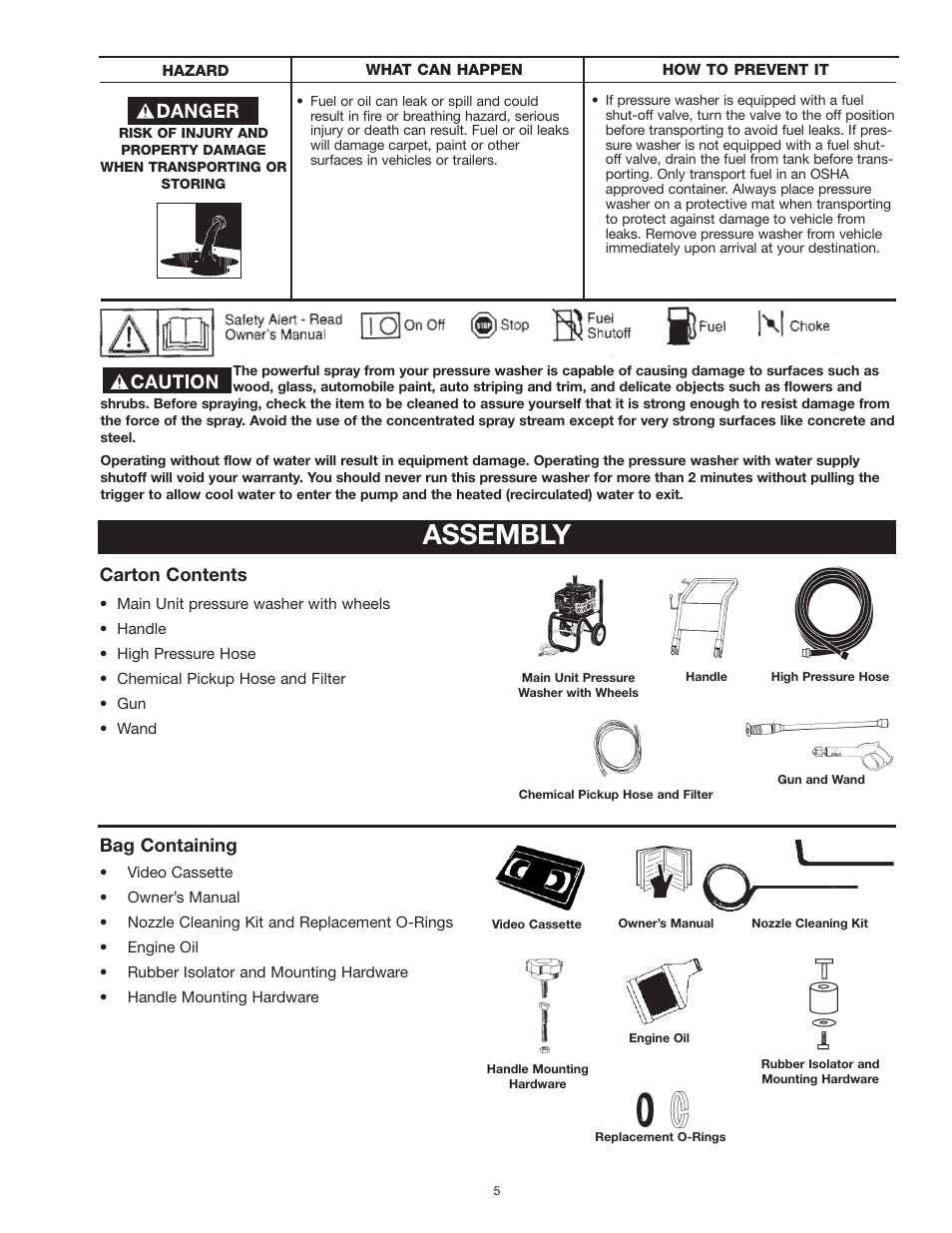 Assembly, Carton contents, Bag containing | Craftsman MGP-769010 User Manual | Page 5 / 52