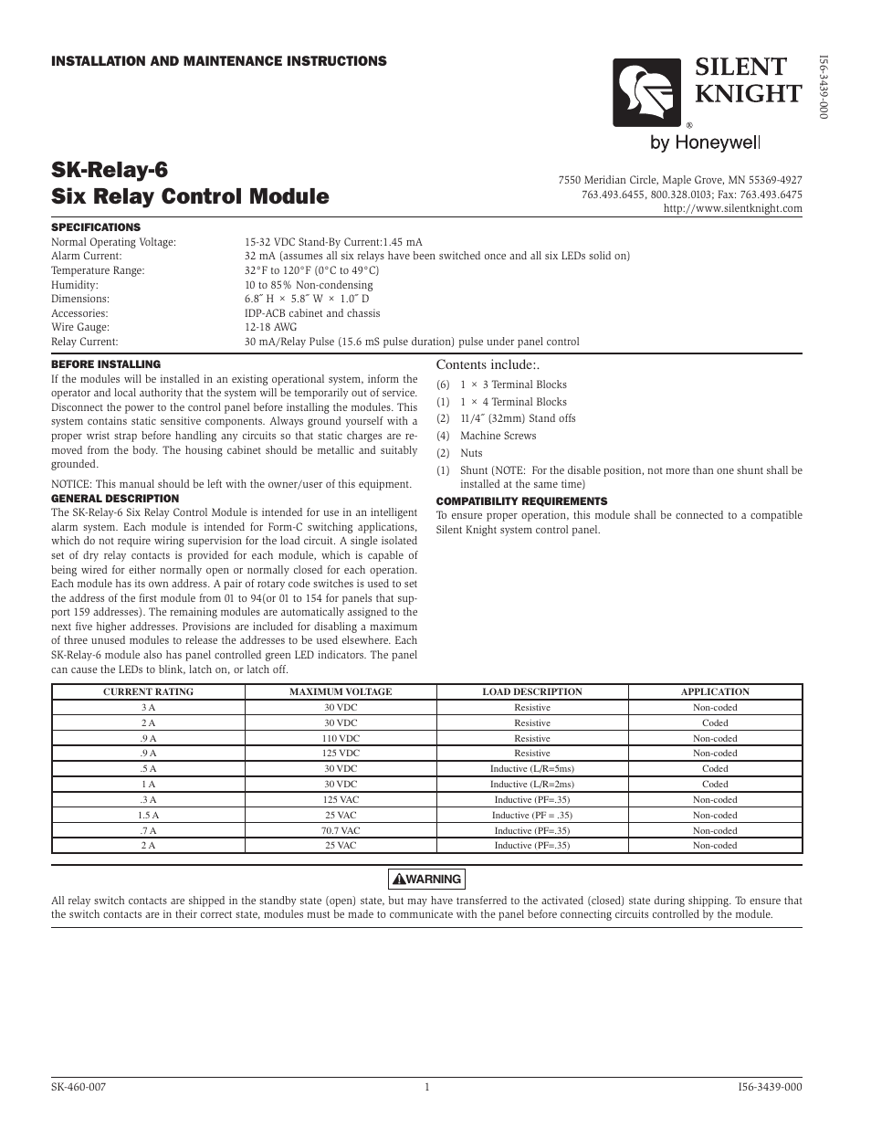 SilentKnight SK-Relay-6 Addressable Six Relay Module User Manual | 3 pages