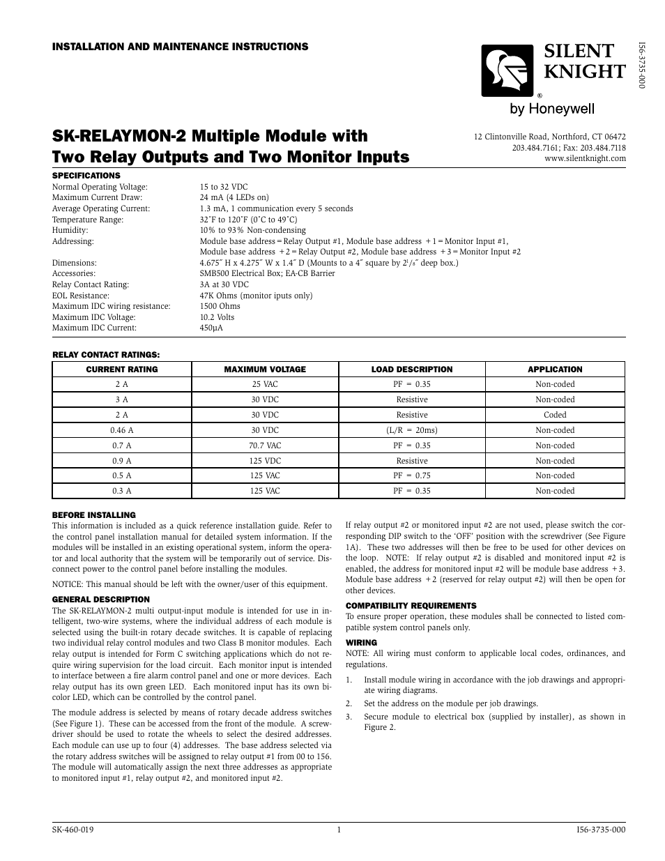 SilentKnight SK-Relaymon-2 Dual Monitor Module with 2 Relay Outputs User Manual | 2 pages