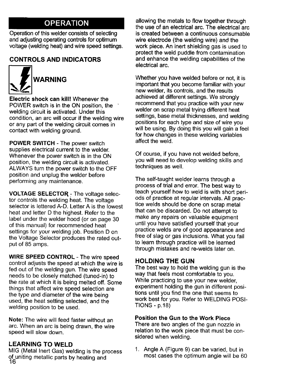 Operation, W warning | Craftsman 196.205690 User Manual | Page 16 / 60