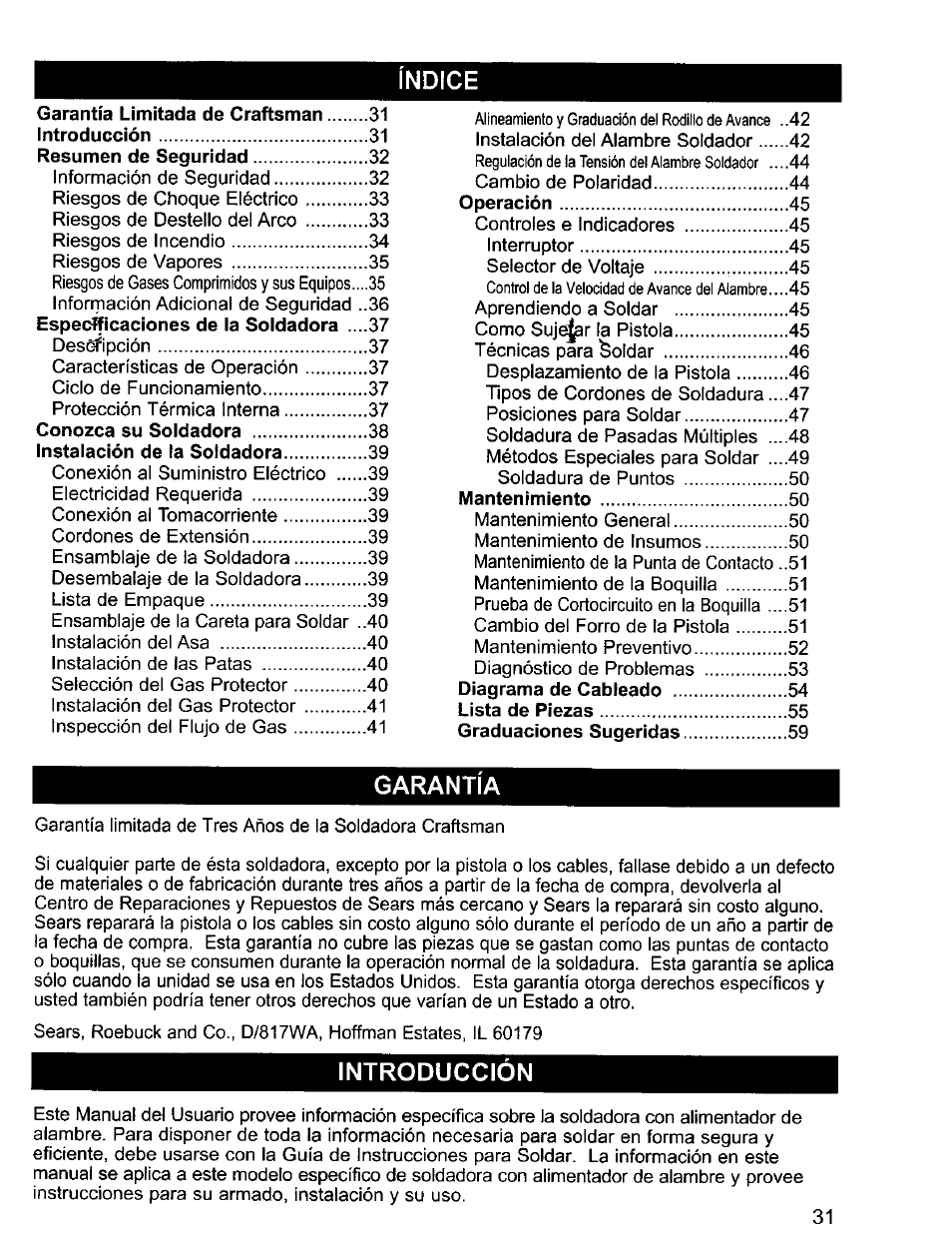 Indice, Garantía, Introduccion | Craftsman 196.205690 User Manual | Page 31 / 60