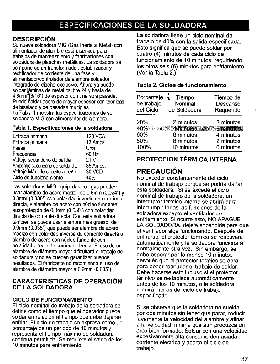 Especificaciones de la soldadora, Precaución | Craftsman 196.205690 User Manual | Page 37 / 60