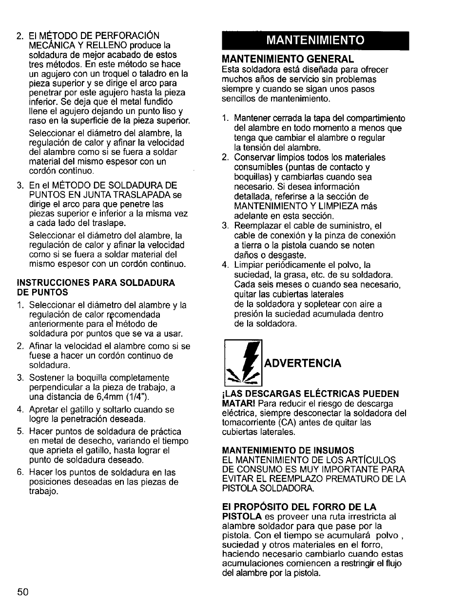 Mantenimiento, Mantenimiento general, Advertencia | Craftsman 196.205690 User Manual | Page 50 / 60