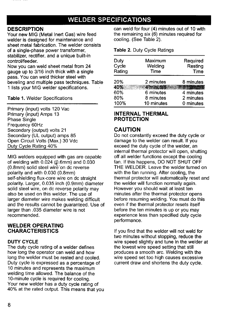 Welder specifications, Caution | Craftsman 196.205690 User Manual | Page 8 / 60