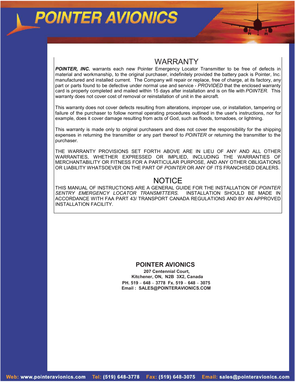 Warranty, Notice, Pointer avionics | SkyHunter406 4000-10 AP User Manual | Page 16 / 16