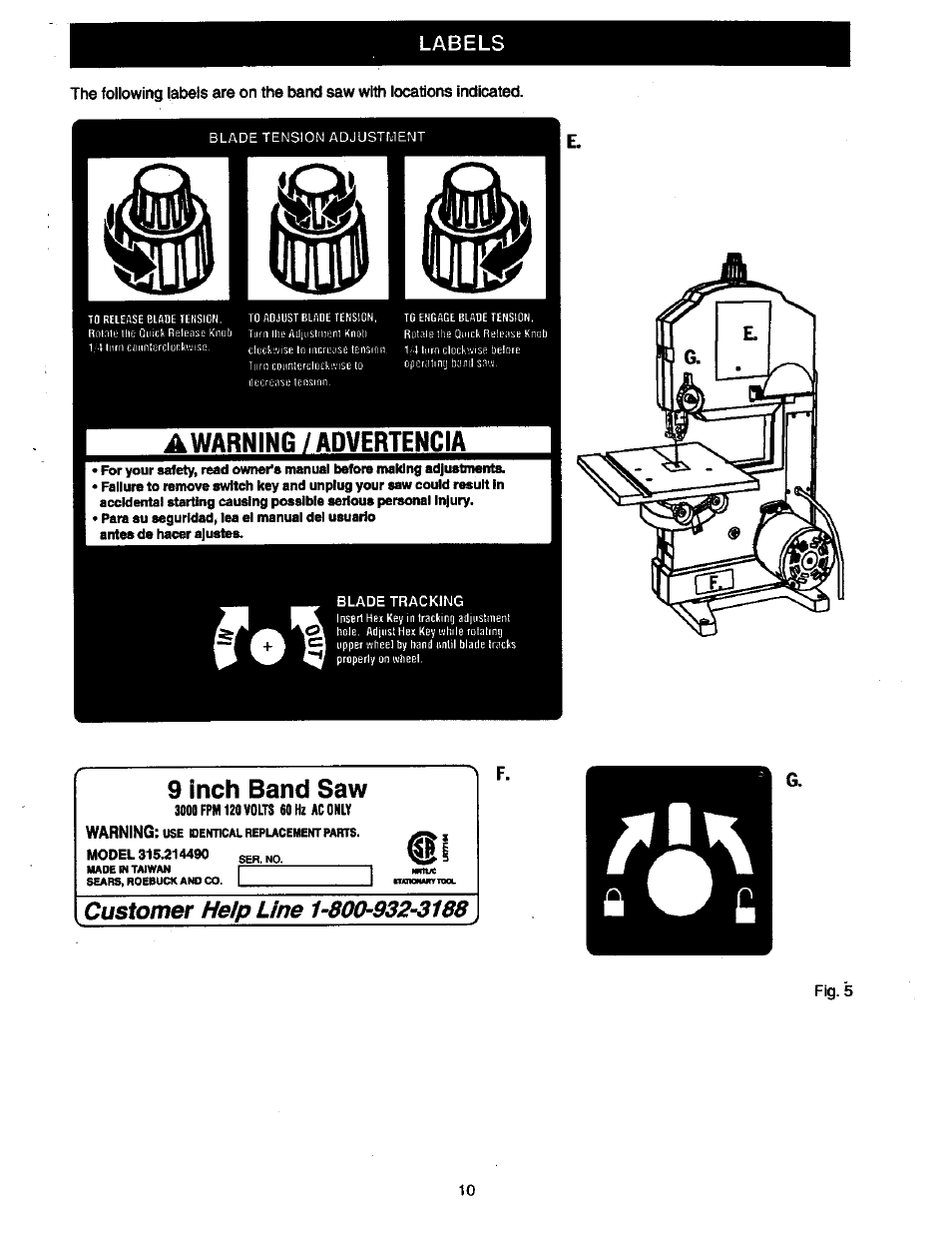 9 inch band saw, Awarninfi /advertencia | Craftsman 315.214490 User Manual | Page 10 / 32