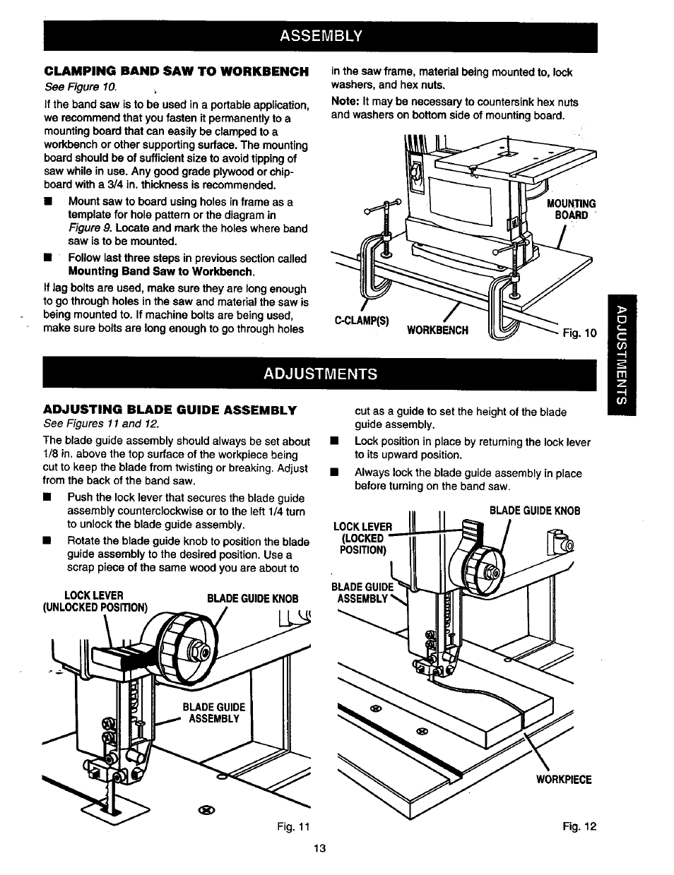 Adjustments, Blade guide assembly, Assembly | Clamping band saw to workbench, Adjustments adjusting blade guide assembly | Craftsman 315.214490 User Manual | Page 13 / 32