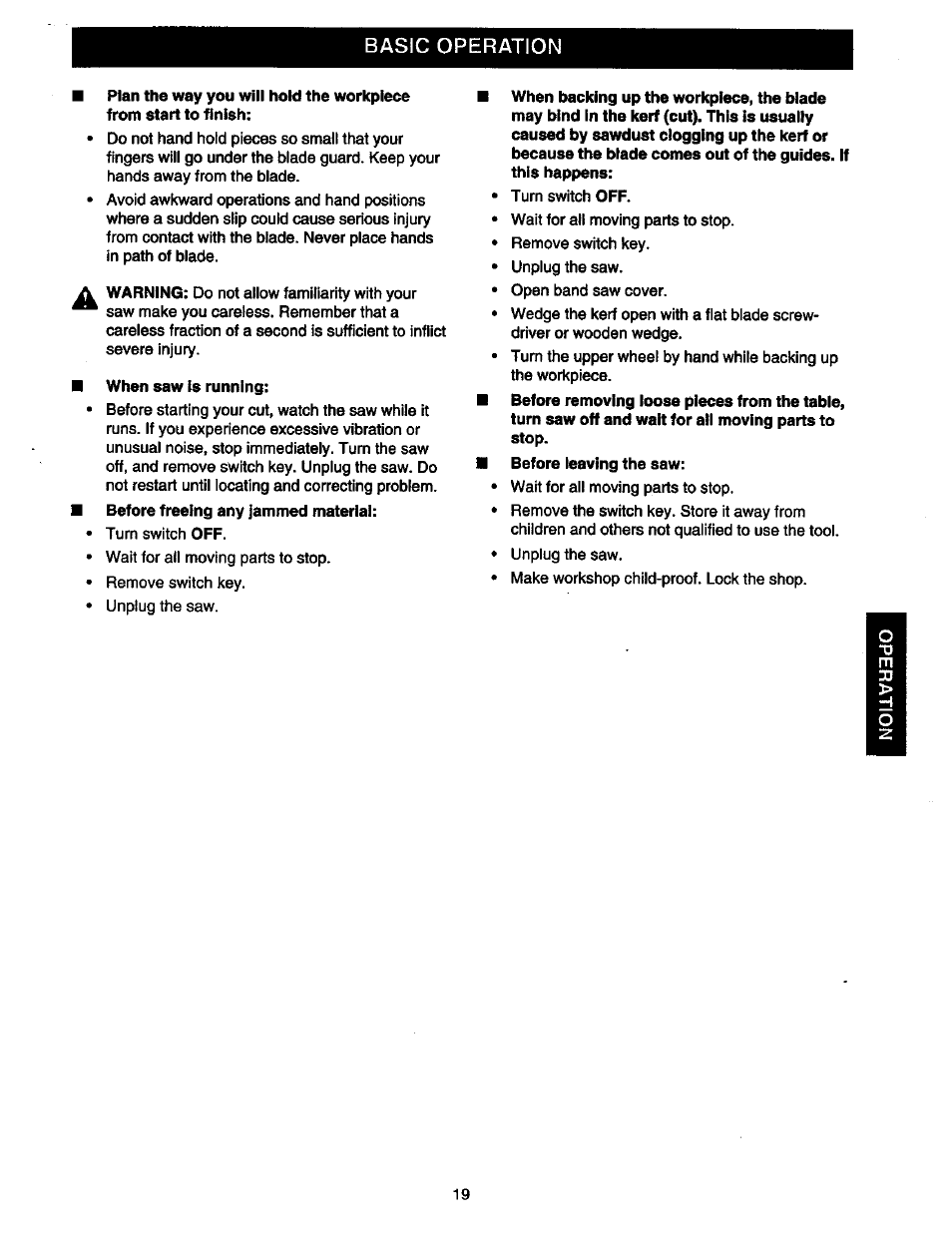 When saw is running, Basic operation | Craftsman 315.214490 User Manual | Page 19 / 32