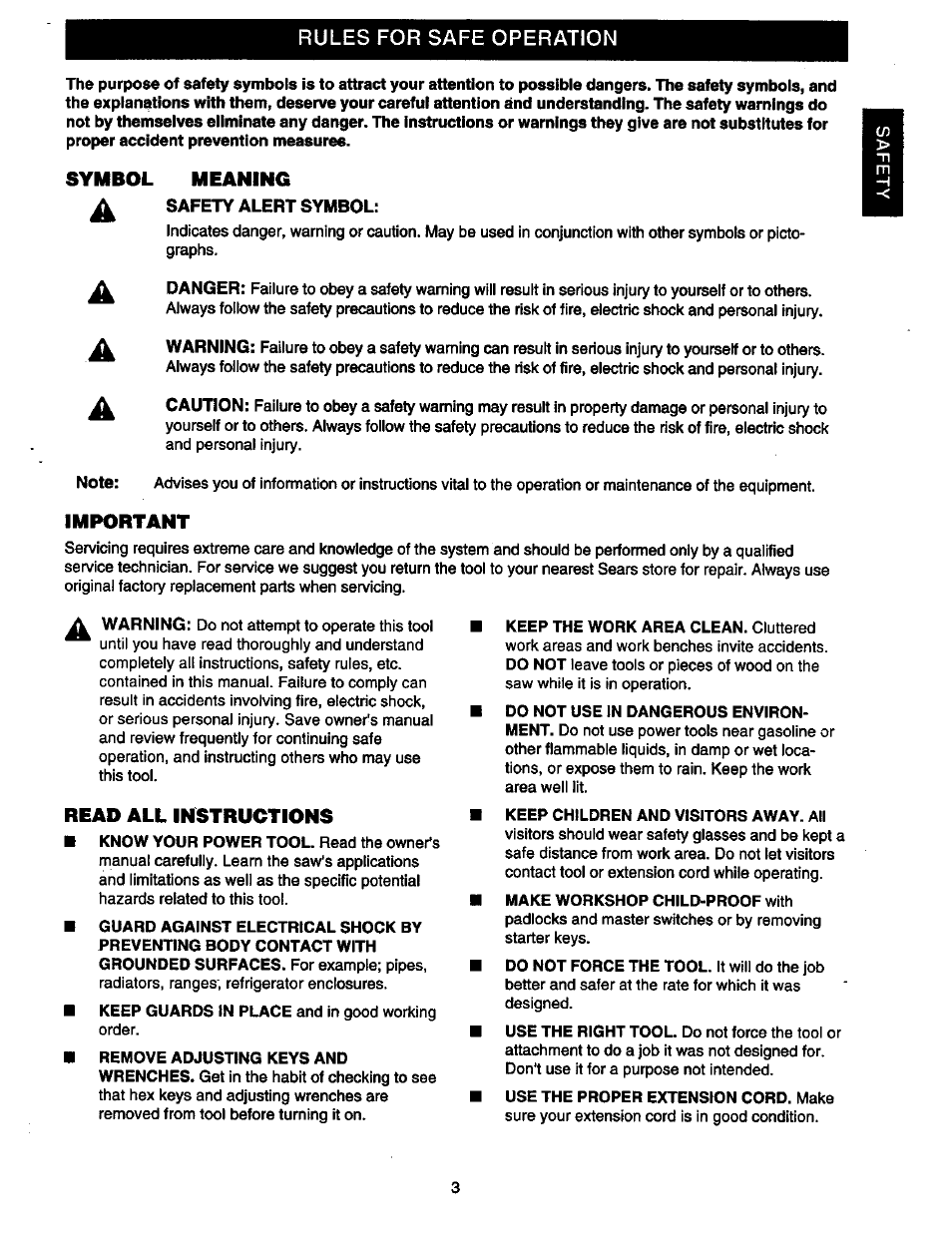 Symbol meaning, Important, Read all instructions | Craftsman 315.214490 User Manual | Page 3 / 32