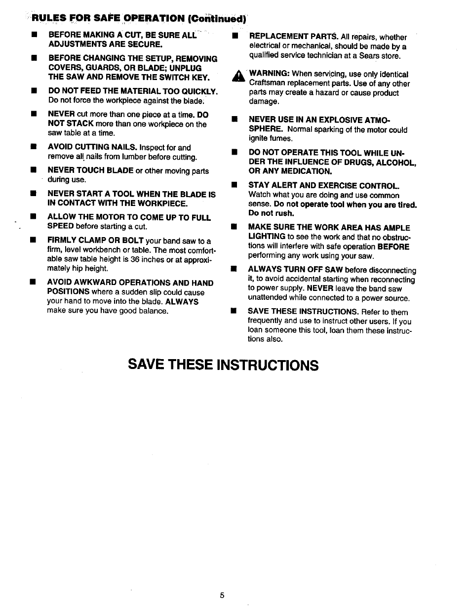 Save these instructions, Rules for safe opeiiation (continued) | Craftsman 315.214490 User Manual | Page 5 / 32