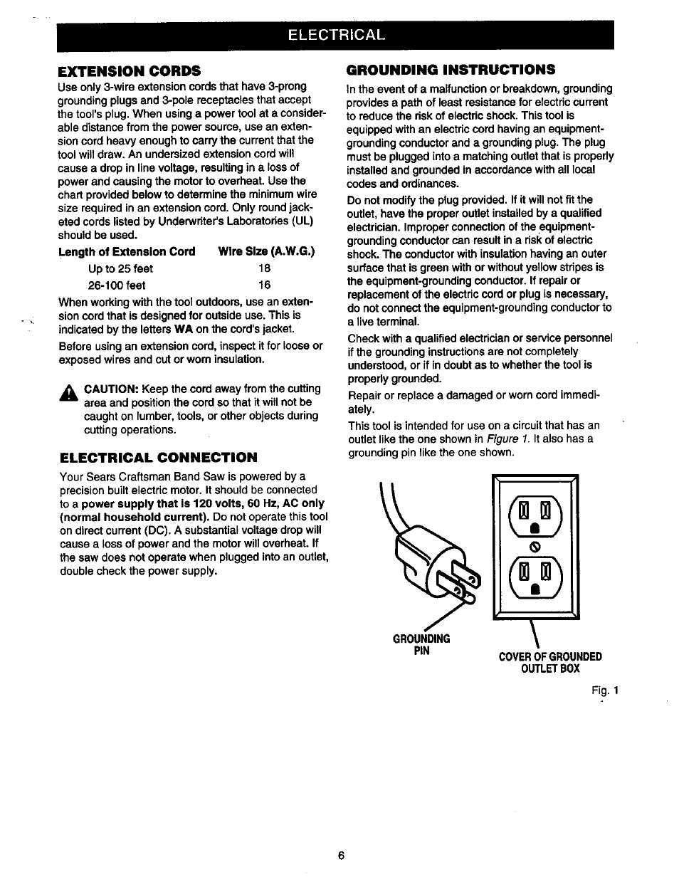 Electrical, Extension cords, Electrical connection | Grounding instructions | Craftsman 315.214490 User Manual | Page 6 / 32