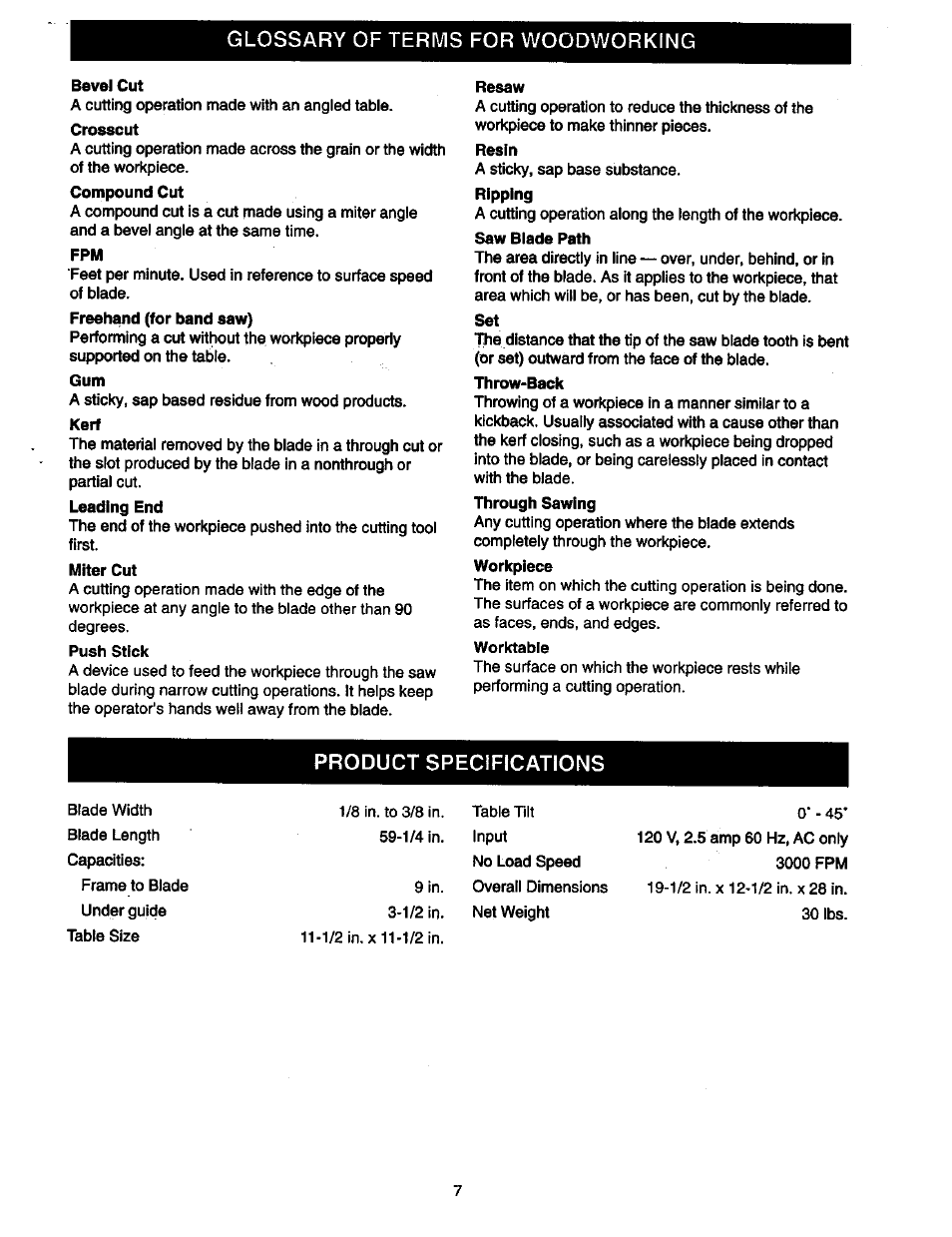 Glossary of terms for woodworking, Bevel cut, Miter cut | Resaw, Worktable, Product specifications | Craftsman 315.214490 User Manual | Page 7 / 32
