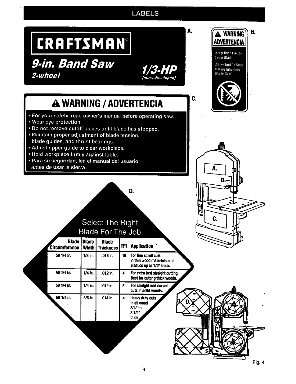 Crbftsmbn, A warning advertencia, Crbftsmbn 9-in. band saw | 1/3-hp, Warning / advertencia, Select the right blade for the job, Whee, Warning advertencia | Craftsman 315.214490 User Manual | Page 9 / 32