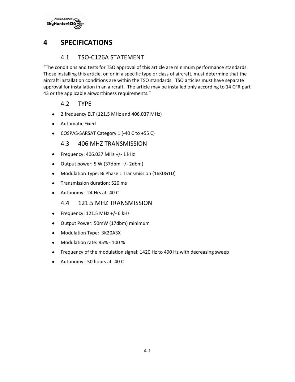 Specifications -1, Tso-c126a statement -1, Type -1 | 406 mhz transmission -1, 5 mhz transmission -1, 4specifications, 1 tso-c126a statement, 2 type, 3 406 mhz transmission | SkyHunter406 SKYHUNTER 406 HF User Manual | Page 17 / 56