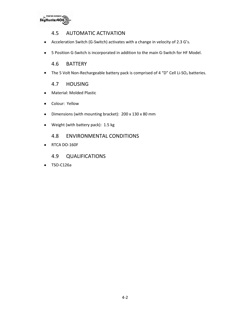 Automatic activation -2, Battery -2, Housing -2 | Environmental conditions -2, Qualifications -2, 5 automatic activation, 6 battery, 7 housing, 8 environmental conditions, 9 qualifications | SkyHunter406 SKYHUNTER 406 HF User Manual | Page 18 / 56