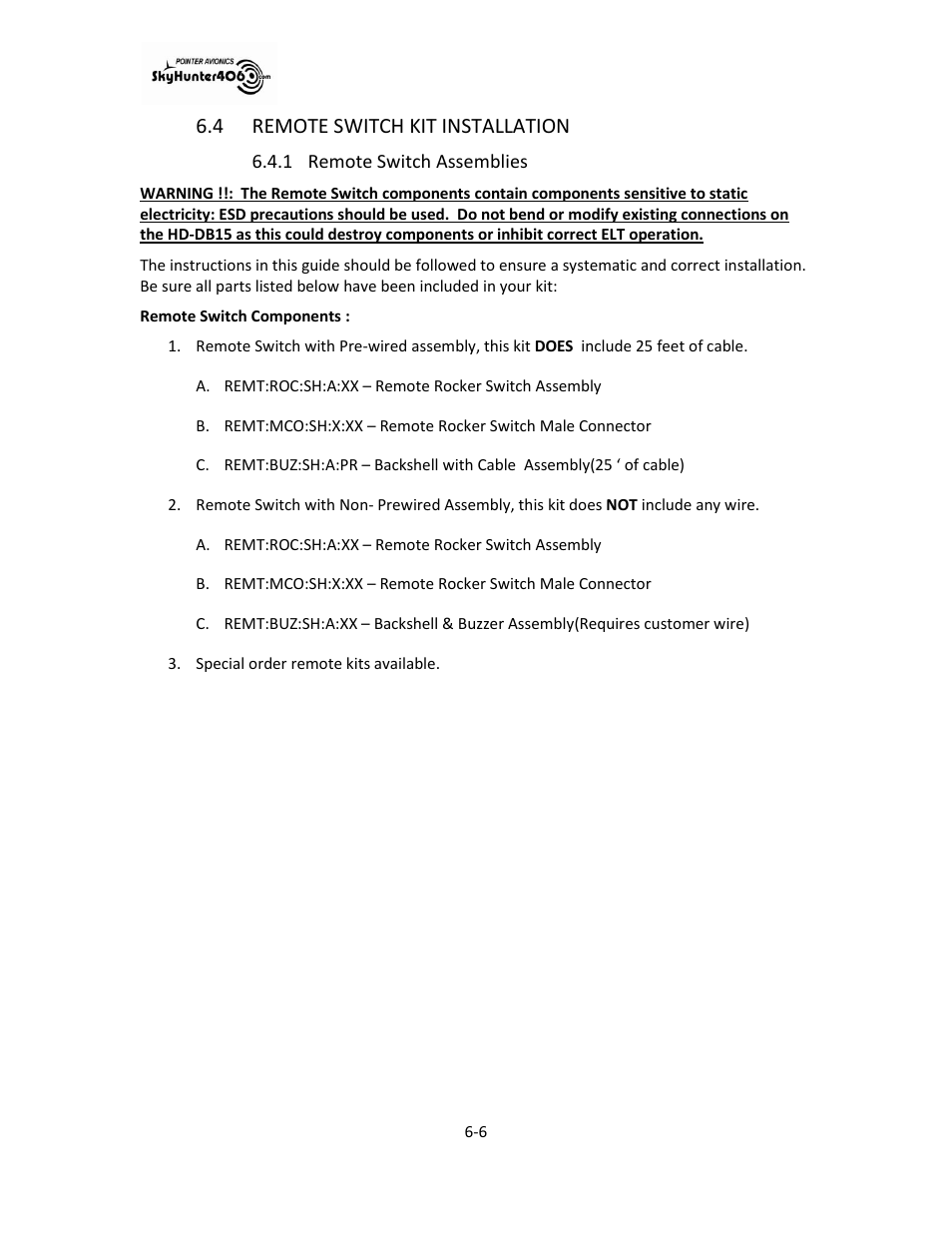 Remote switch kit installation -6, Remote switch assemblies -6, 4 remote switch kit installation | 1 remote switch assemblies | SkyHunter406 SKYHUNTER 406 HF User Manual | Page 24 / 56