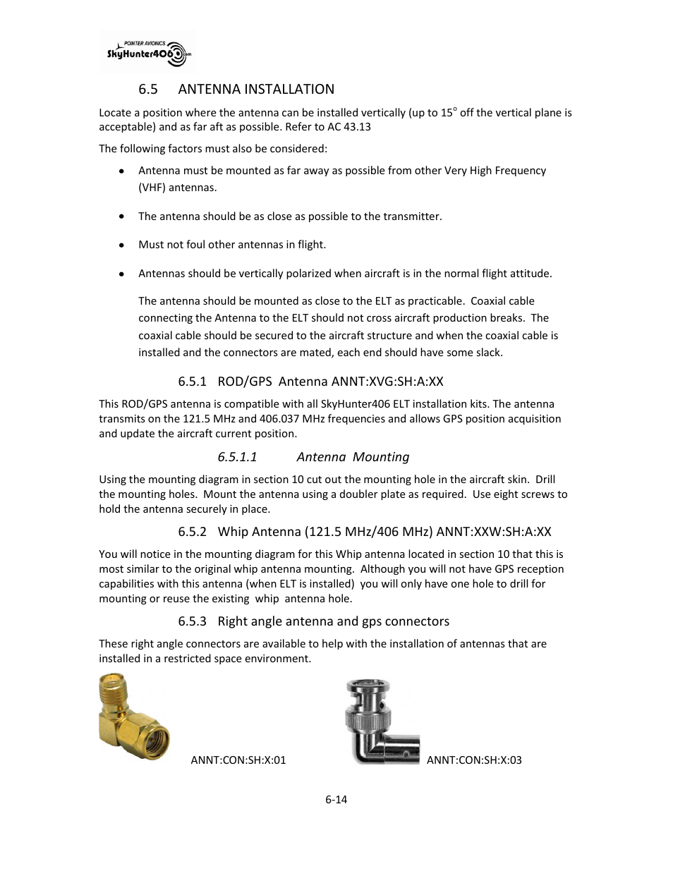 Antenna installation -14, Rod/gps antenna annt:xvg:sh:a:xx -14, Right angle antenna and gps connectors -14 | 5 antenna installation | SkyHunter406 SKYHUNTER 406 HF User Manual | Page 32 / 56
