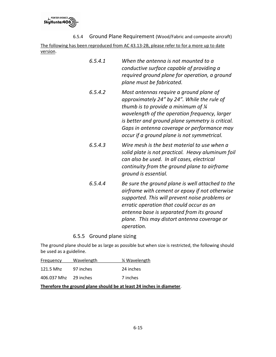 Ground plane sizing -15 | SkyHunter406 SKYHUNTER 406 HF User Manual | Page 33 / 56