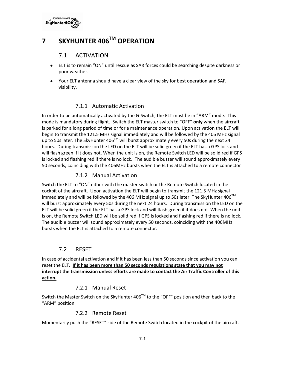 Skyhunter 406, Operation -1, Activation -1 | Automatic activation -1, Manual activation -1, Reset -1, Manual reset -1, Remote reset -1, 7skyhunter 406, Operation | SkyHunter406 SKYHUNTER 406 HF User Manual | Page 39 / 56