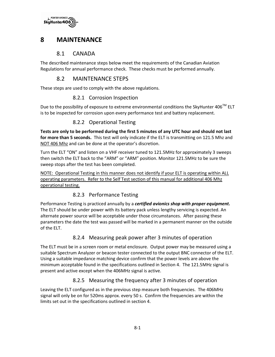 Maintenance -1, Canada -1, Maintenance steps -1 | Corrosion inspection -1, Operational testing -1, Performance testing -1, 8maintenance, 1 canada, 2 maintenance steps | SkyHunter406 SKYHUNTER 406 HF User Manual | Page 44 / 56