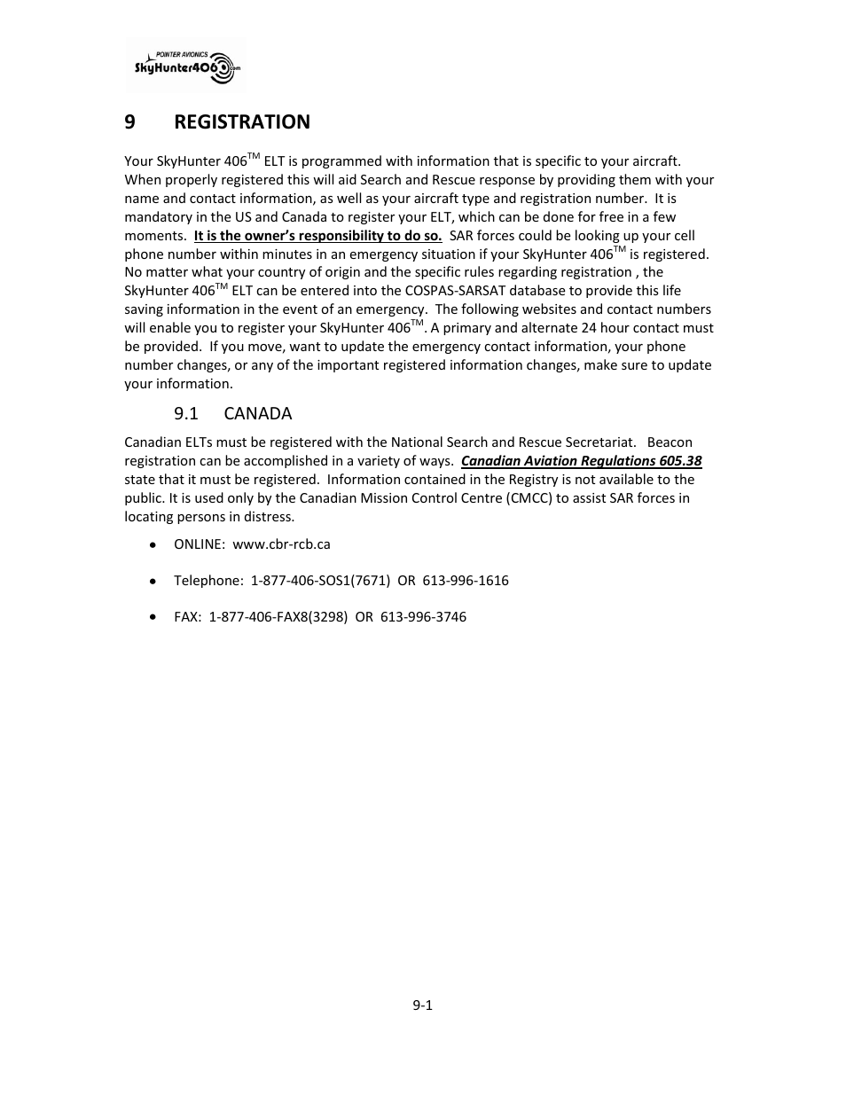 Registration -1, Canada -1, 9registration | 1 canada | SkyHunter406 SKYHUNTER 406 HF User Manual | Page 48 / 56