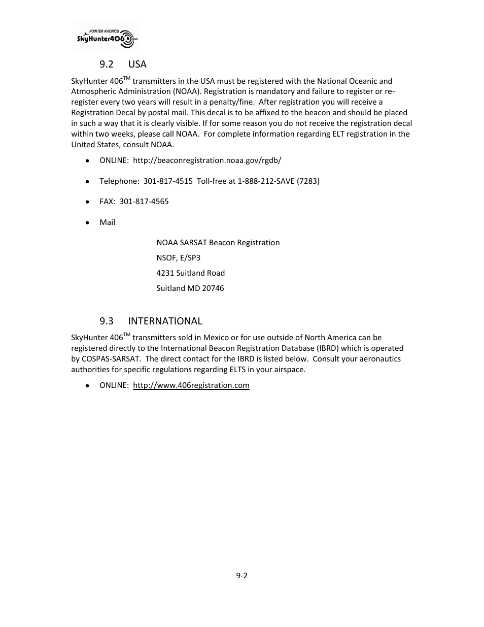 Usa -2, International -2, 2 usa | 3 international | SkyHunter406 SKYHUNTER 406 HF User Manual | Page 49 / 56