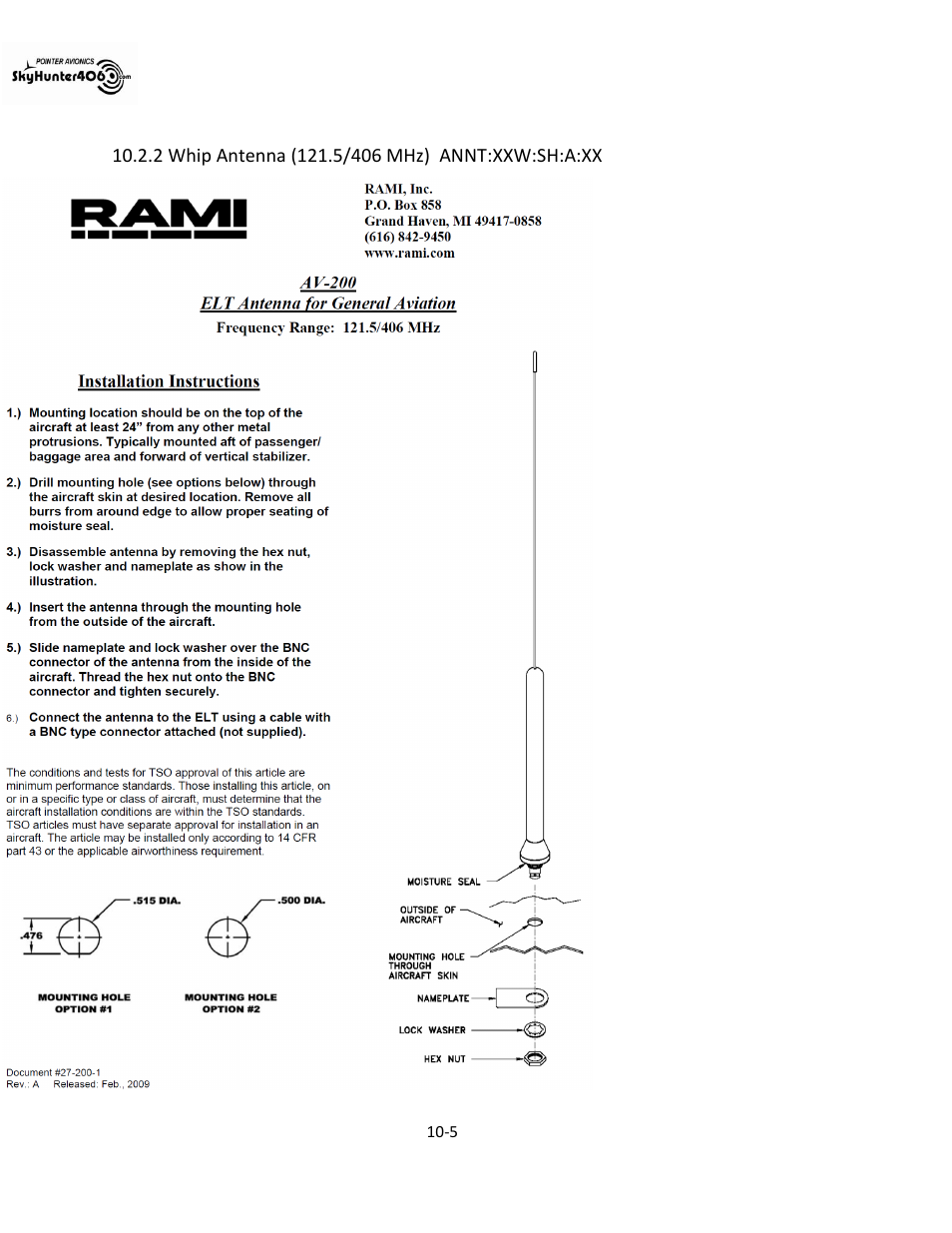 Whip antenna (121.5/406 mhz) annt:xxw:sh:a:xx -5 | SkyHunter406 SKYHUNTER 406 HF User Manual | Page 54 / 56