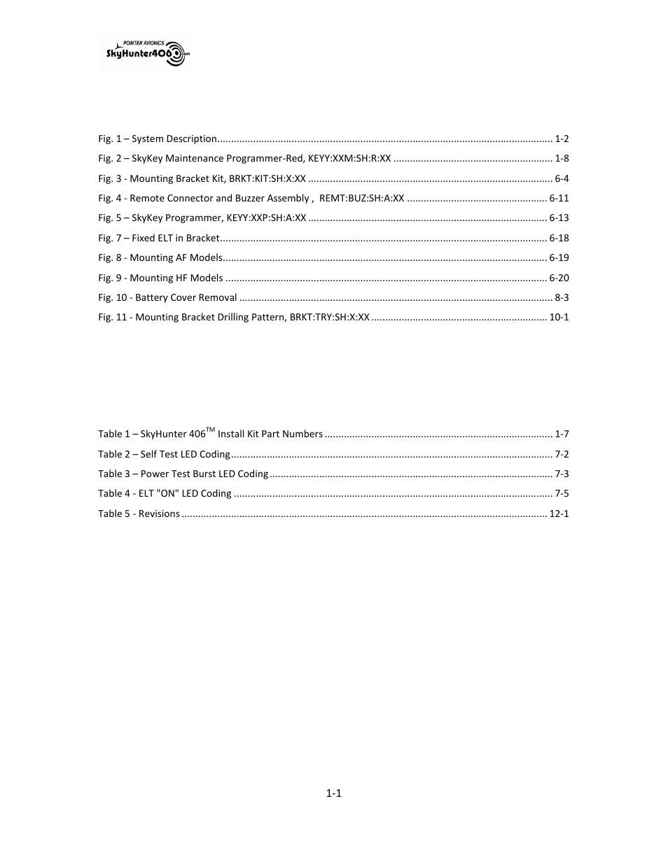 List of tables -1, Table of figures, List of tables | SkyHunter406 SKYHUNTER 406 HF User Manual | Page 6 / 56