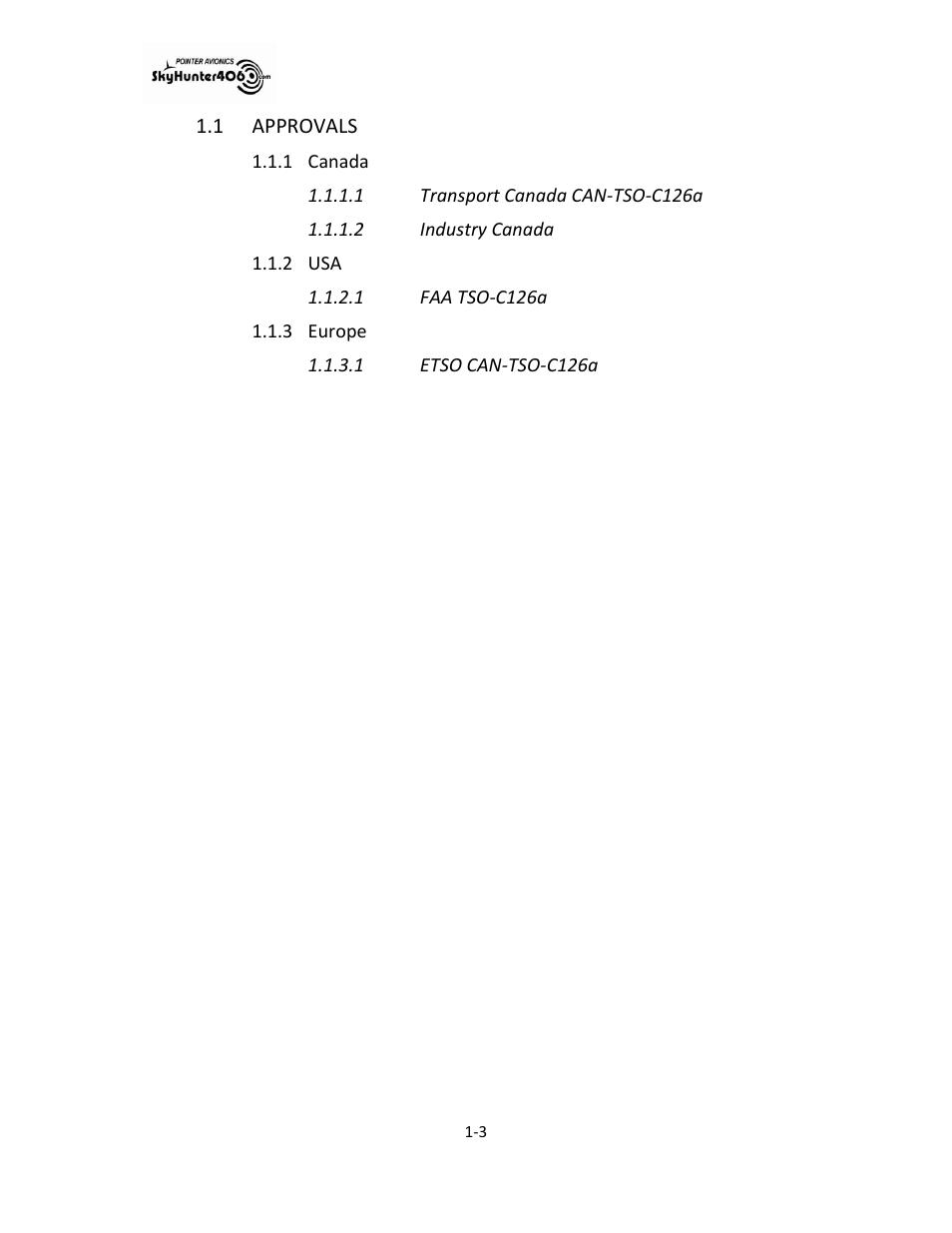 Approvals -3, Canada -3, Usa -3 | Europe -3, 1 approvals | SkyHunter406 SKYHUNTER 406 HF User Manual | Page 8 / 56