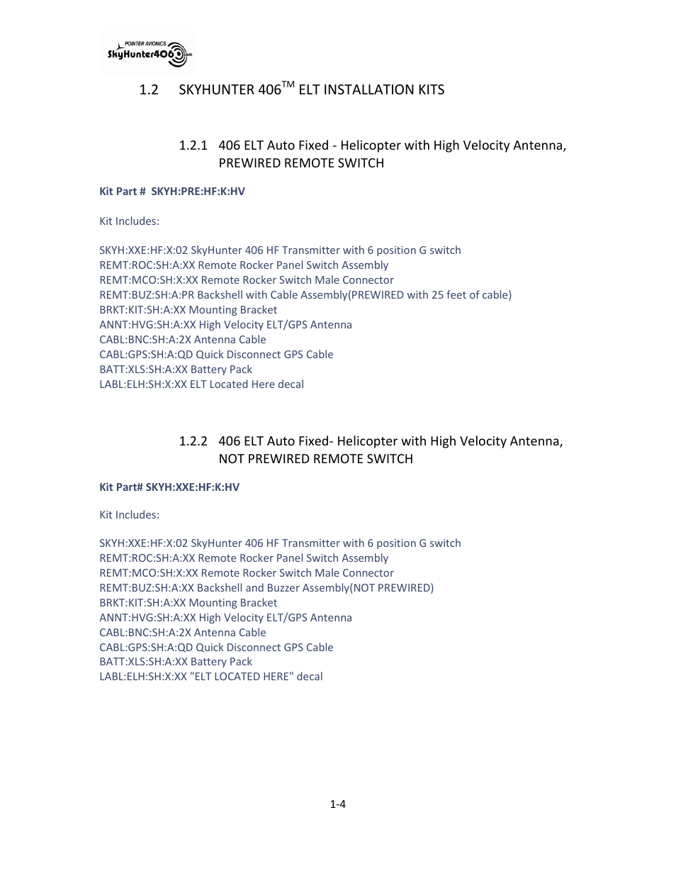 Skyhunter 406, Elt installation kits -4, Remote switch -4 | 2 skyhunter 406, Elt installation kits | SkyHunter406 SKYHUNTER 406 HF User Manual | Page 9 / 56