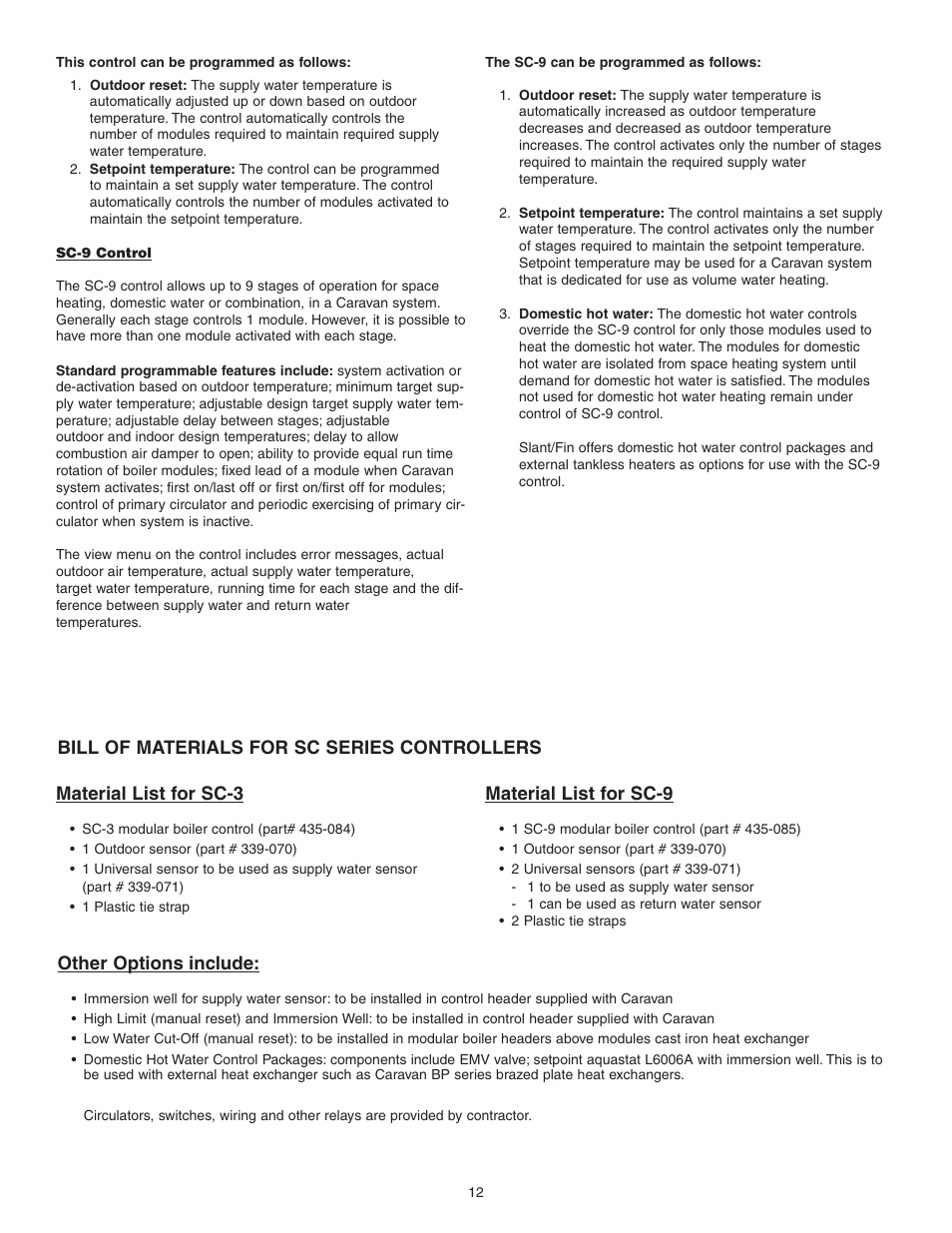 Material list for sc-3, Material list for sc-9 | Slant/Fin Gas Hot Water User Manual | Page 12 / 24