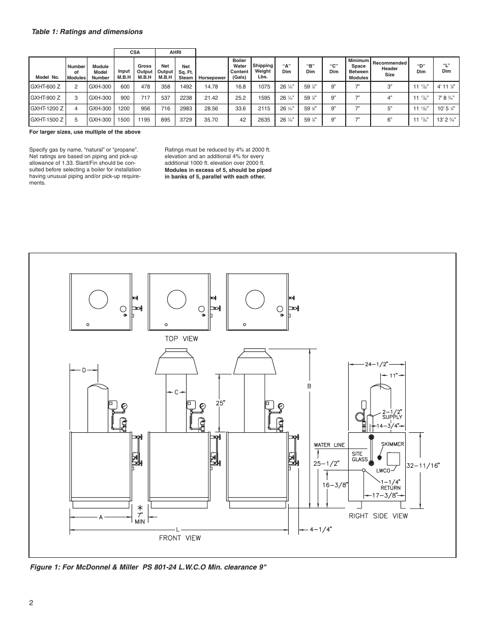 Table 1: ratings and dimensions | Slant/Fin Gas Steam User Manual | Page 2 / 16