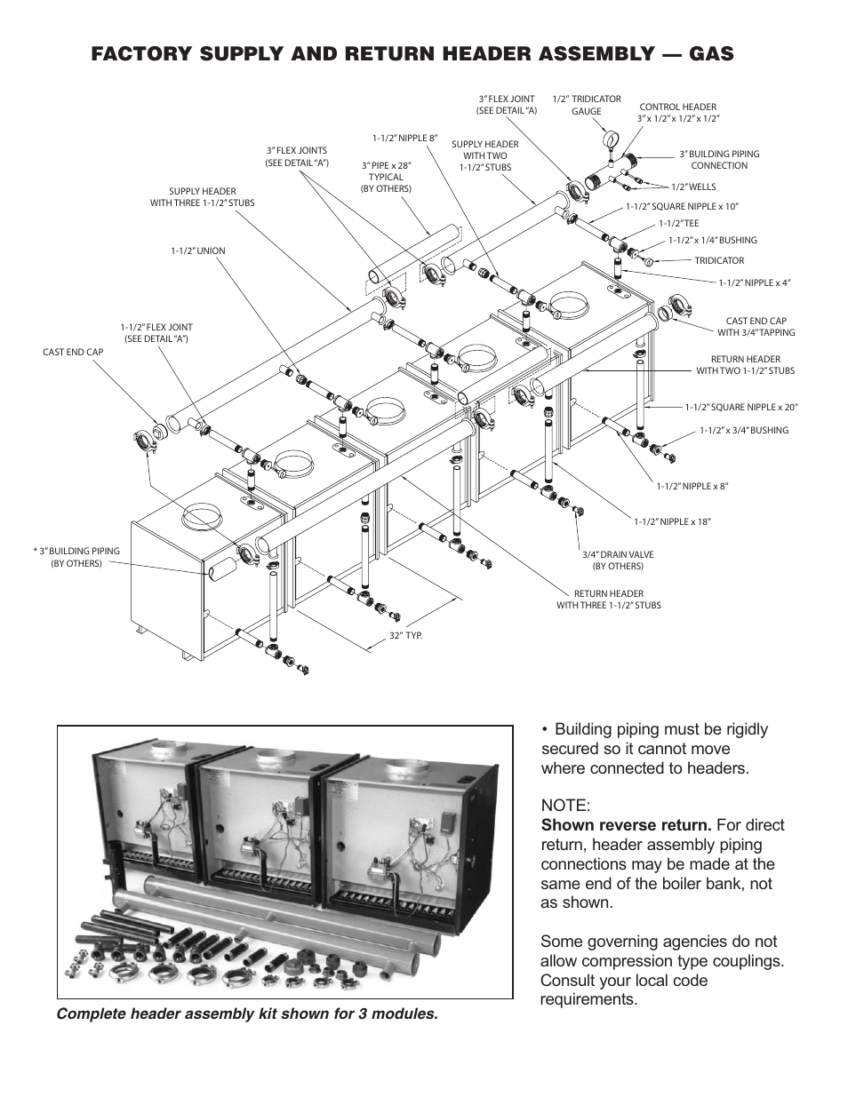 Factory supply and return header assembly — gas, Complete header assembly kit shown for 3 modules | Slant/Fin G-Series User Manual | Page 2 / 4