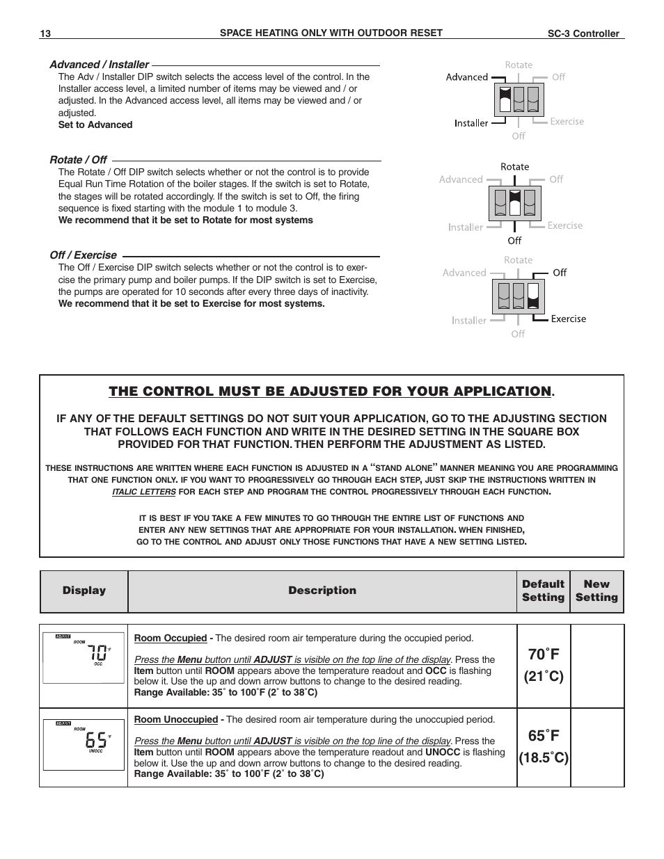 70˚f, 65˚f, 21˚c) | 5˚c), The control must be adjusted for your application | Slant/Fin SC-3 User Manual | Page 12 / 27