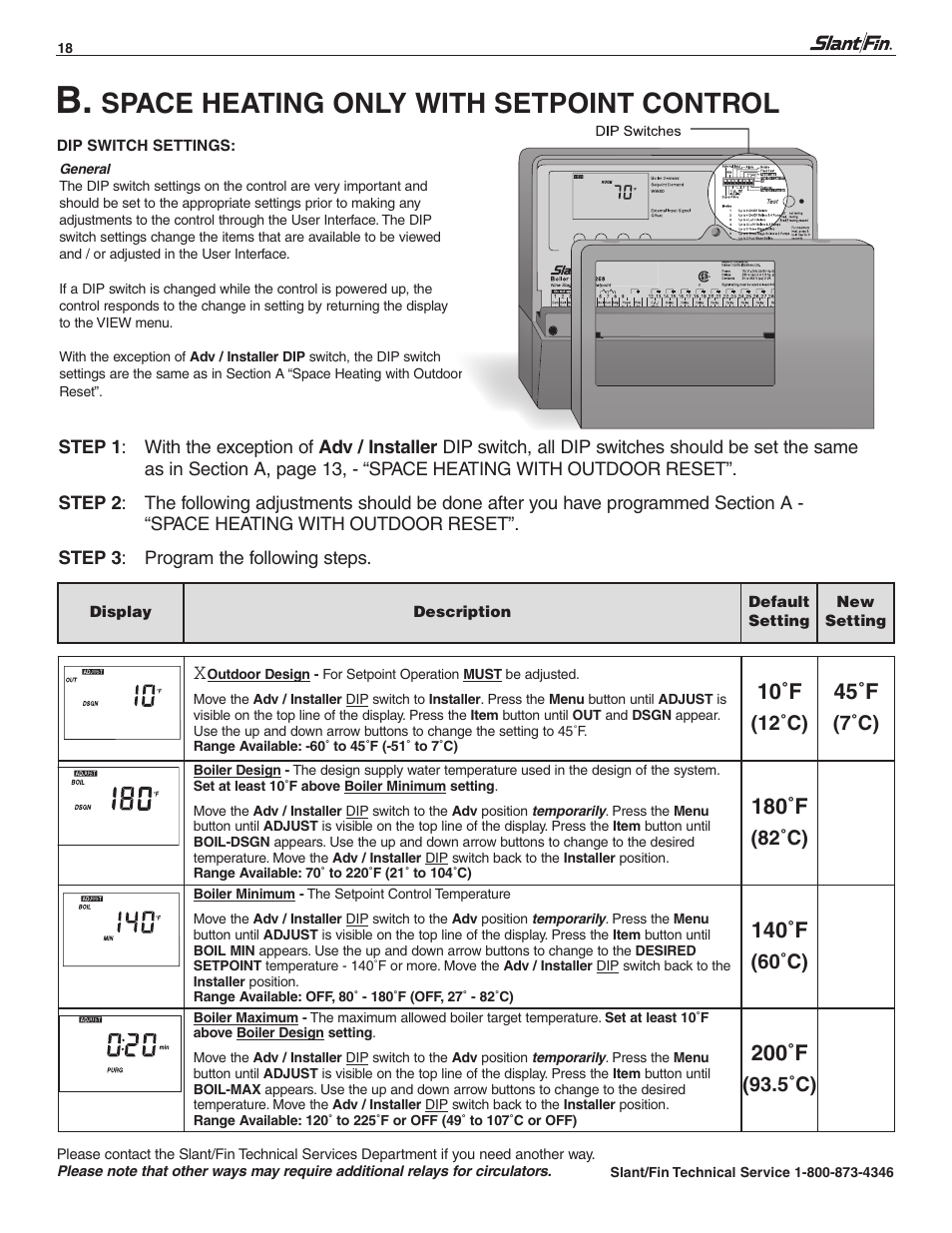 Space heating only with setpoint control, 10˚f, 45˚f | 180˚f, 140˚f, 200˚f | Slant/Fin SC-9 User Manual | Page 18 / 32