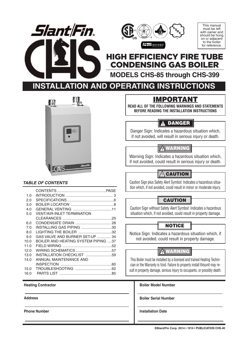 Slant/Fin CHS-399 User Manual | 92 pages