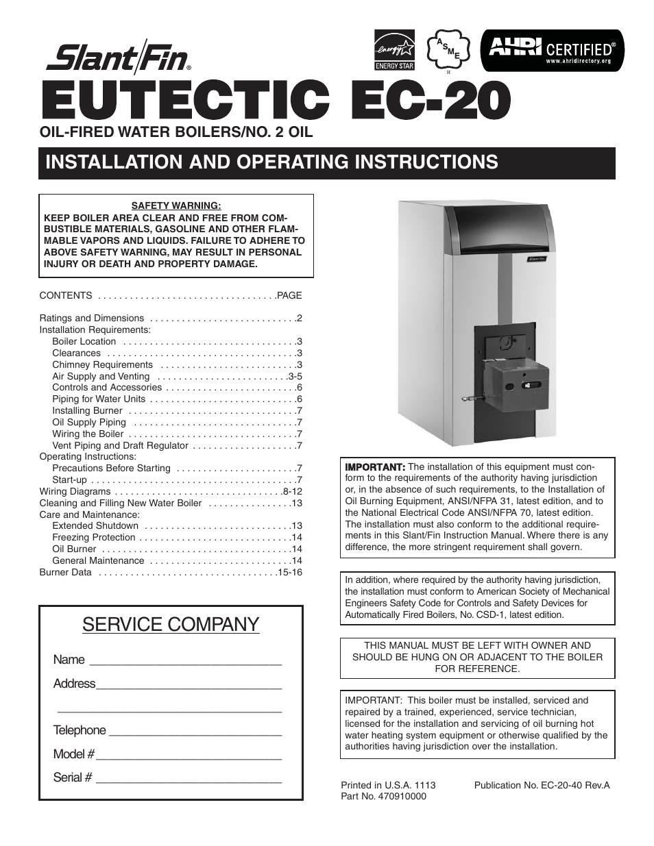 Slant/Fin EC-20 Installation User Manual | 16 pages