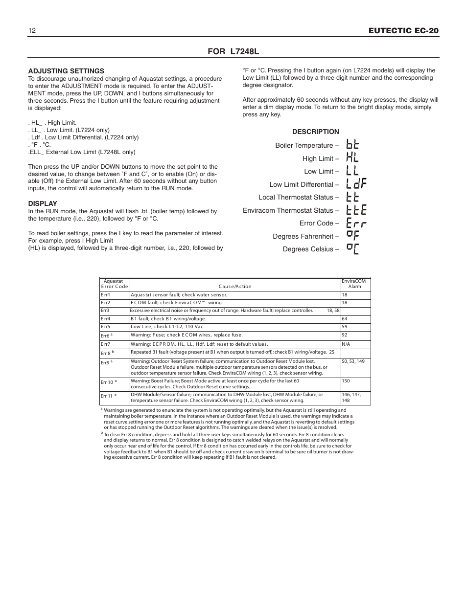 For l7248l, Eutectic ec-20, 12 adjusting settings | Display | Slant/Fin EC-20 Installation User Manual | Page 12 / 16