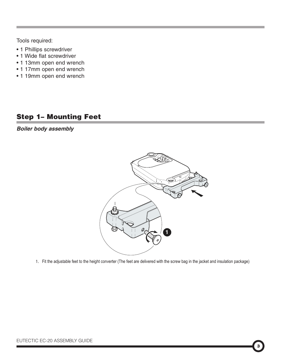 Step 1– mounting feet | Slant/Fin EC-20 Assembly Instructions User Manual | Page 3 / 20