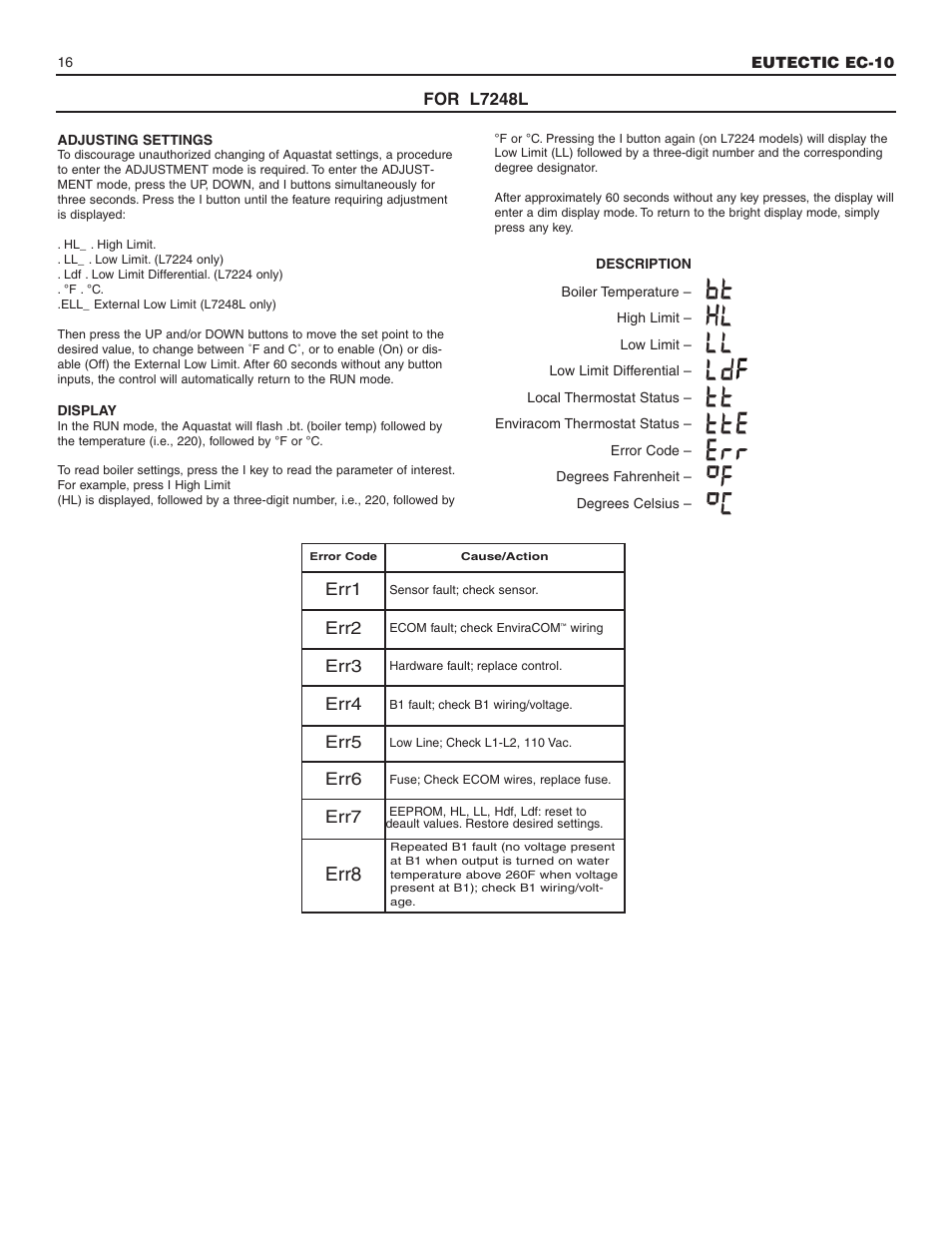 Err8, Err1, Err2 | Err3, Err4, Err5, Err6, Err7, For l7248l | Slant/Fin EC-10 Installation User Manual | Page 16 / 24
